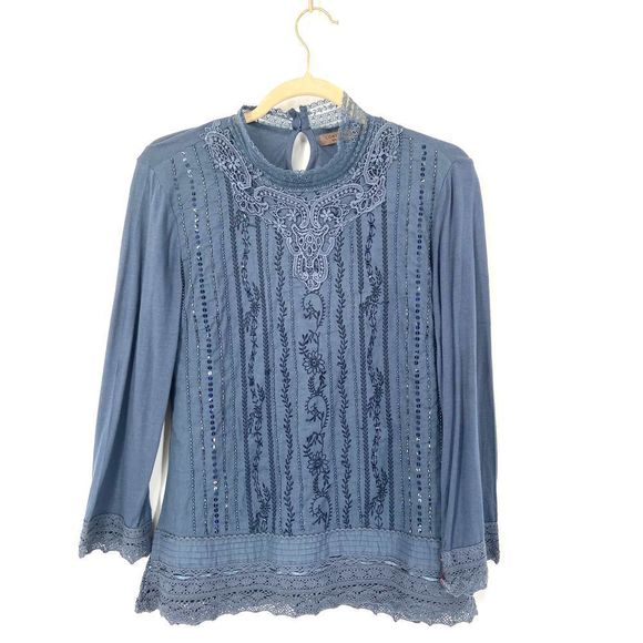 Cortefiel Woman Blue Lace Embroidered Embellished Long Sleeve Top - Picture 6 of 7